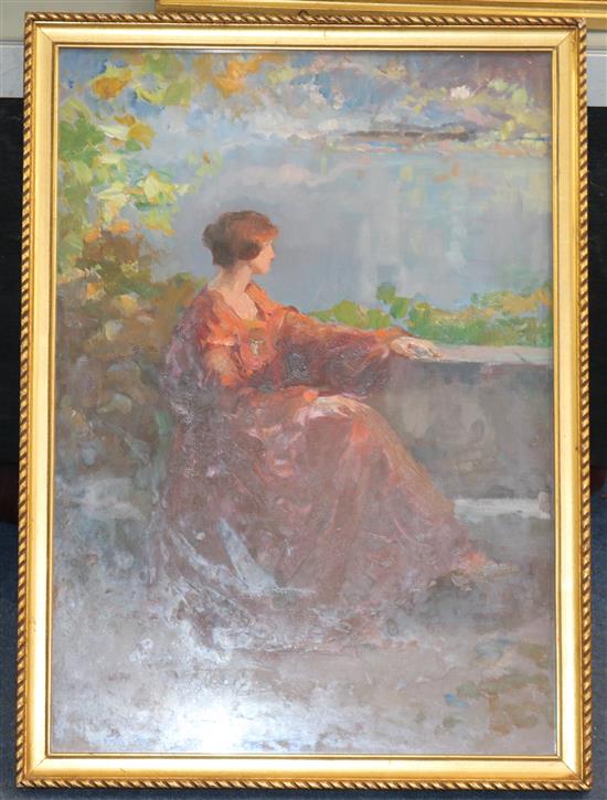 Paolo Sala (1859-1929) Lady seated on a terrace, 19 x 13.5in.